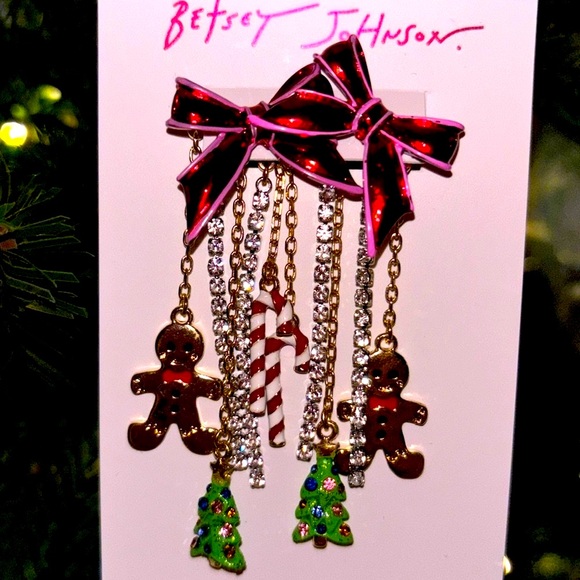 🎁New Betsey Johnson Christmas Holiday Dangle Earring Tree Gingerbread Red Bows - Picture 4 of 11
